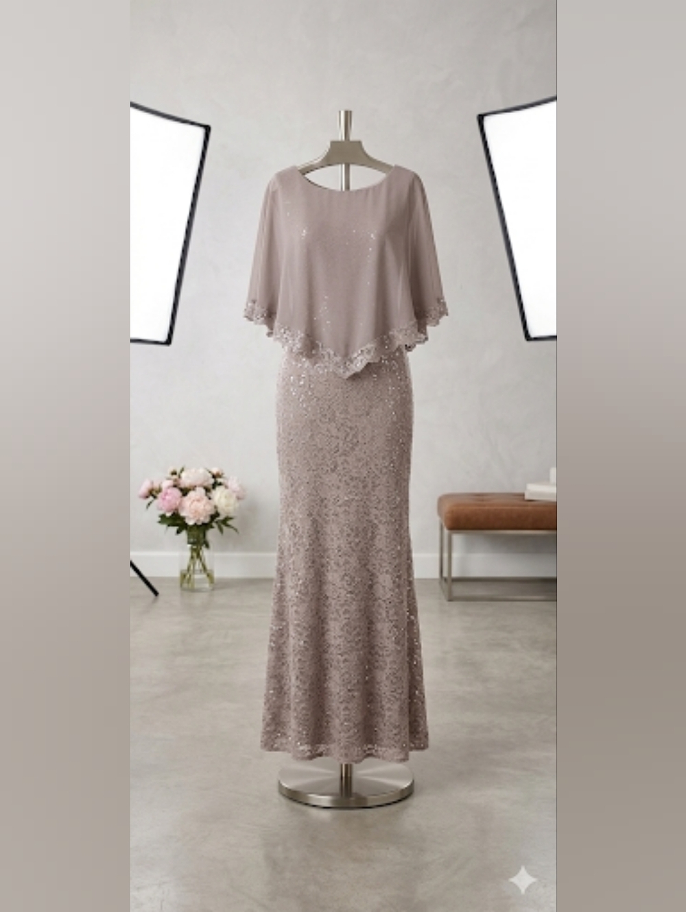 Elegant Taupe Lace Maxi Dress with Capelet